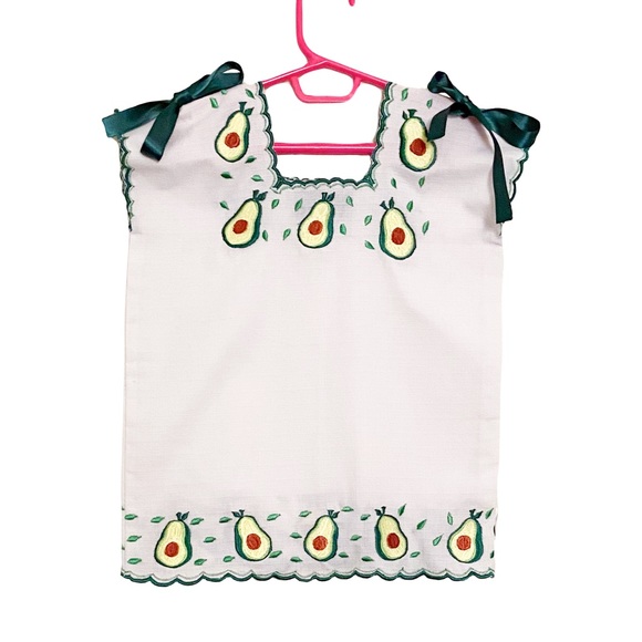 Girls Linen Avocado Embroidered Mexican Dress - Picture 2 of 4